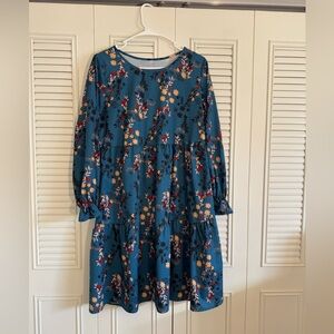 Women's Blue & Red Floral Print A-Line Dress - Long Sleeve Round Neck Size Small